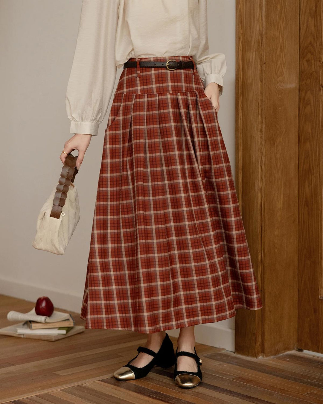 Red Plaid Pleated Midi Skirt for Women