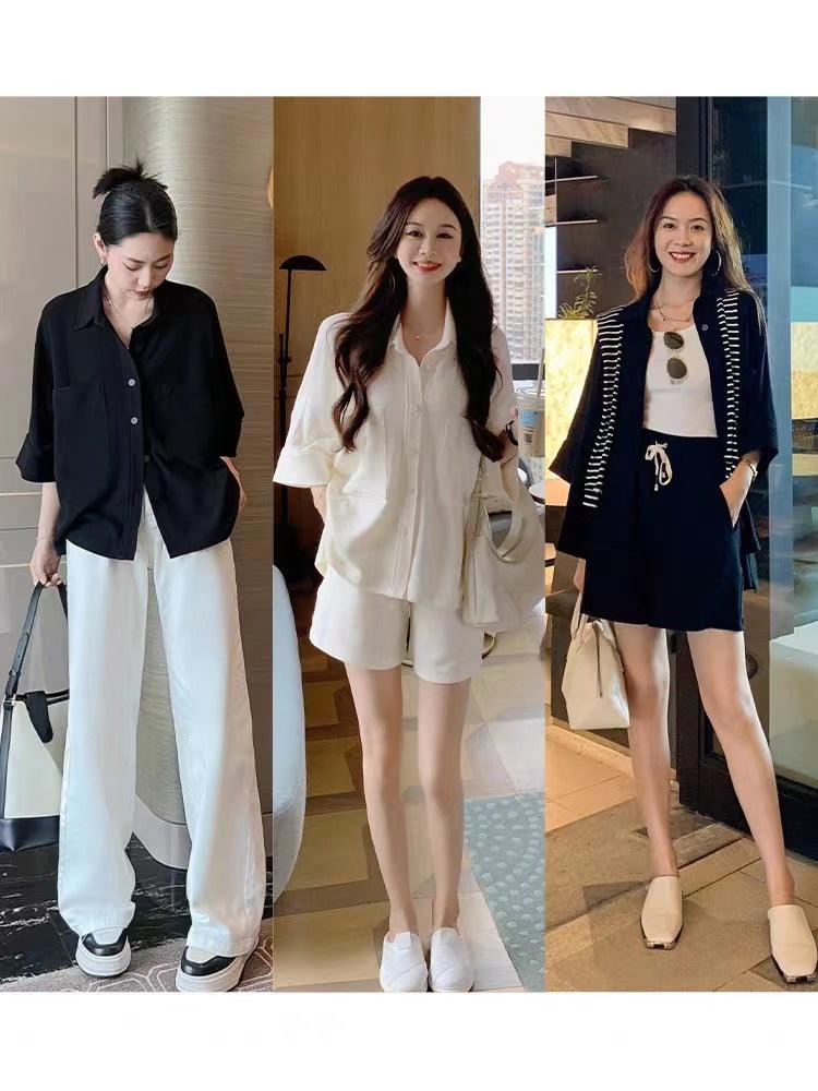 Cotton Large Pocket Shirt With Elastic Waist And Wide Leg Shorts - Trendha