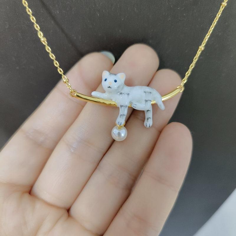 Cute White Kitten Simple Pearl Pendant Necklace For Women