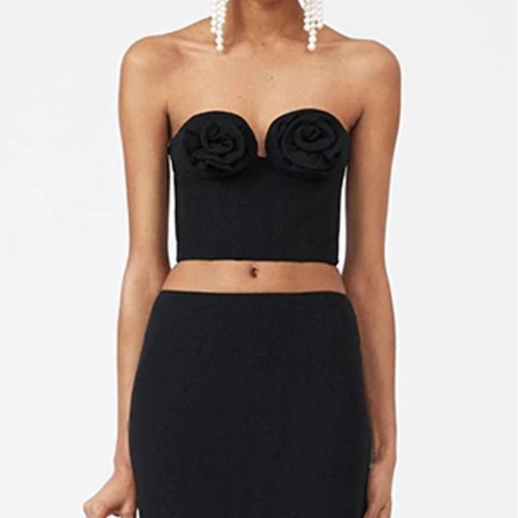 Black Strapless Rosette Crop Top