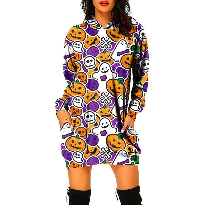 Halloween Theme Women's Pullover Hooded Sweater Dress