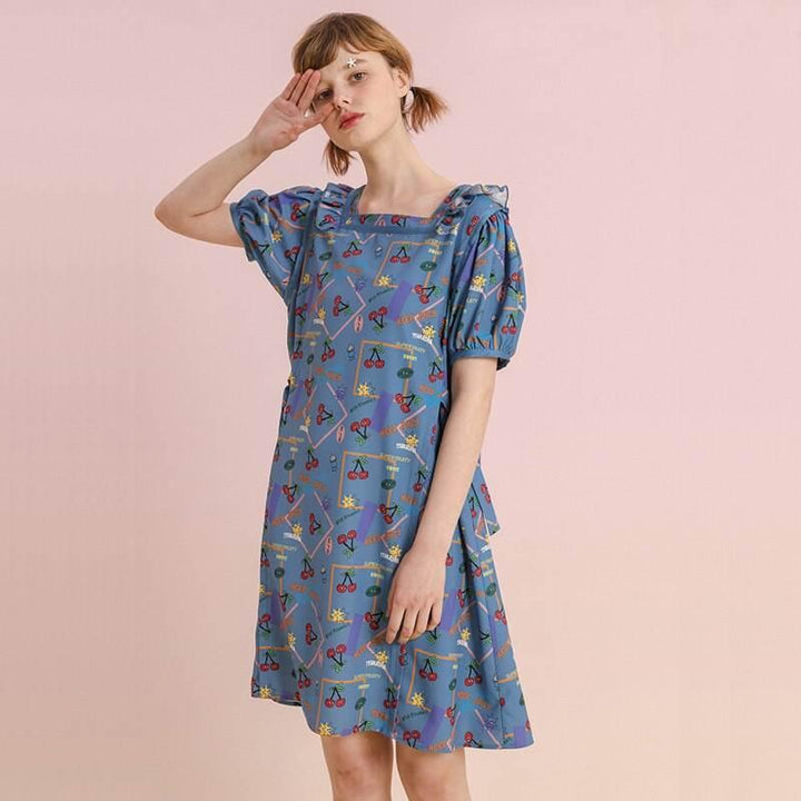 Summer Chiffon Knee-Length Dress with Puff Sleeves and Fruit Print
