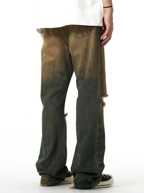 Yellow Mud-color Ripped Denim Loose Wide-leg Pants