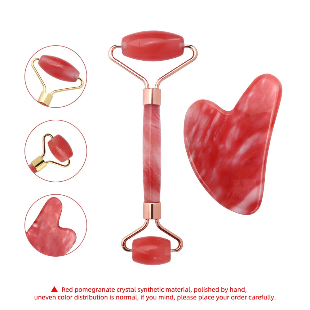 Red Crystal Jade Roller & Gua Sha Scraping Board Set