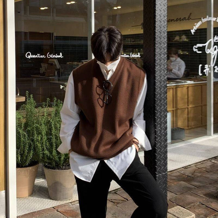 Men's V-neck Sweater Plus Size Vest Knitted Autumn And Winter College Style Waistcoat Vest Coat