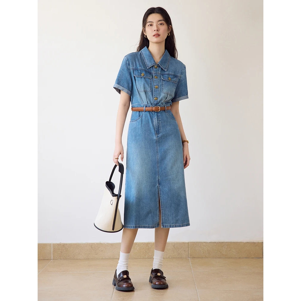 Denim Blue Polo Neck Short Sleeve Shirt Dress