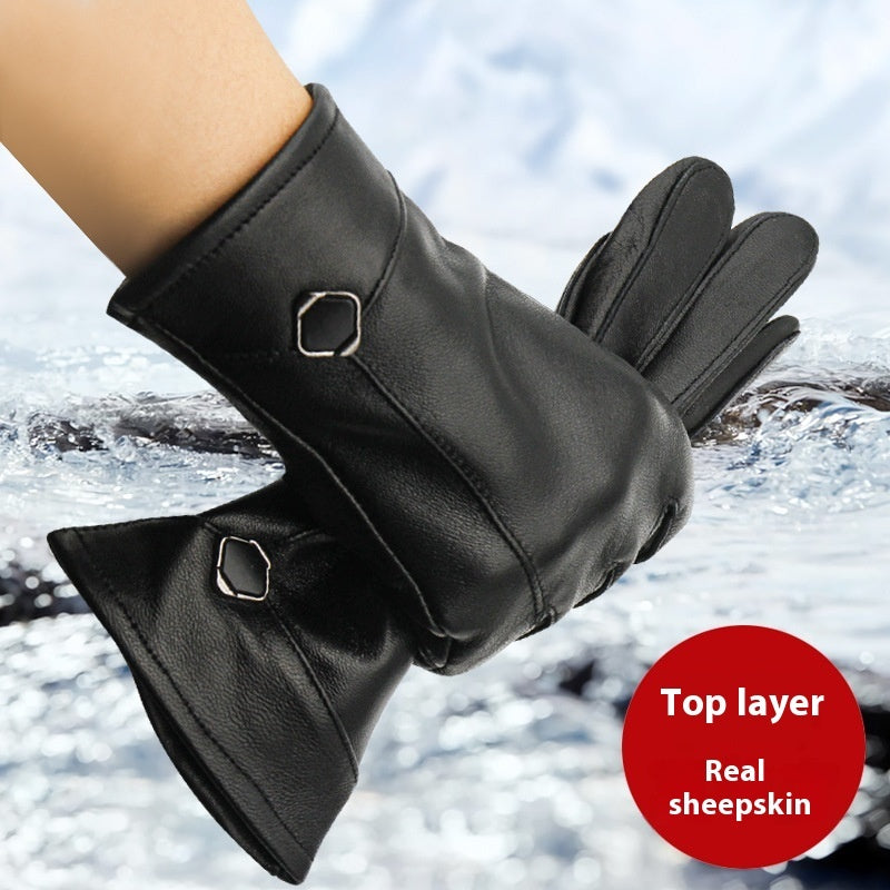 Autumn And Winter Women's Leather Gloves Fleece-lined Thick Windproof Warm Touch Screen Sheepskin