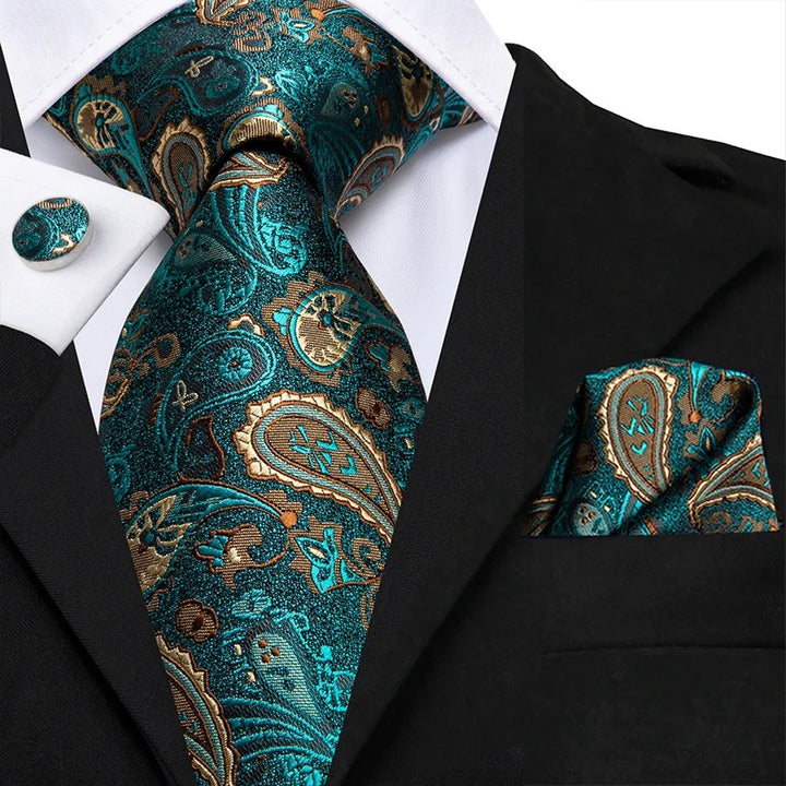 Luxury Paisley Silk Tie Set with Hanky and Cufflinks for Men