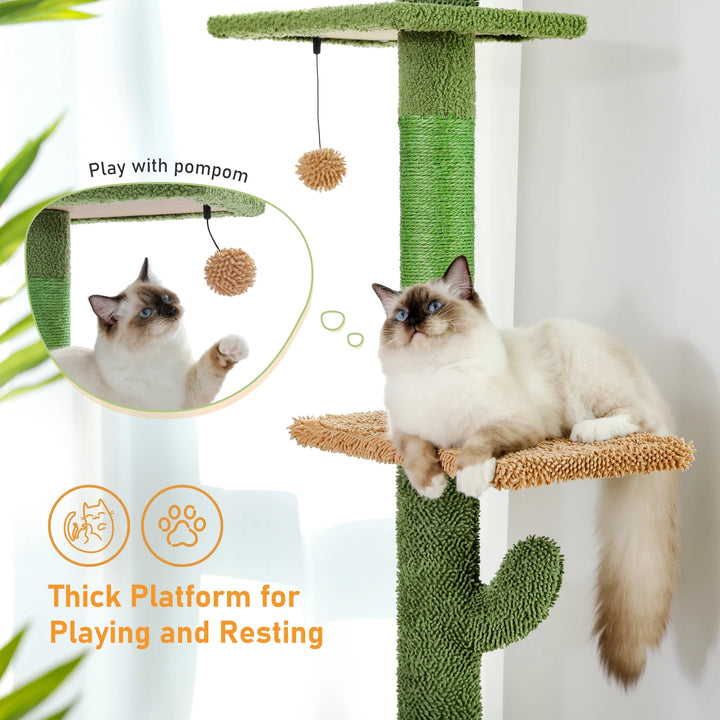 5-Tier Adjustable Floor-to-Ceiling Cat Tree Tower with Cactus Design, Hammock, and Scratching Post