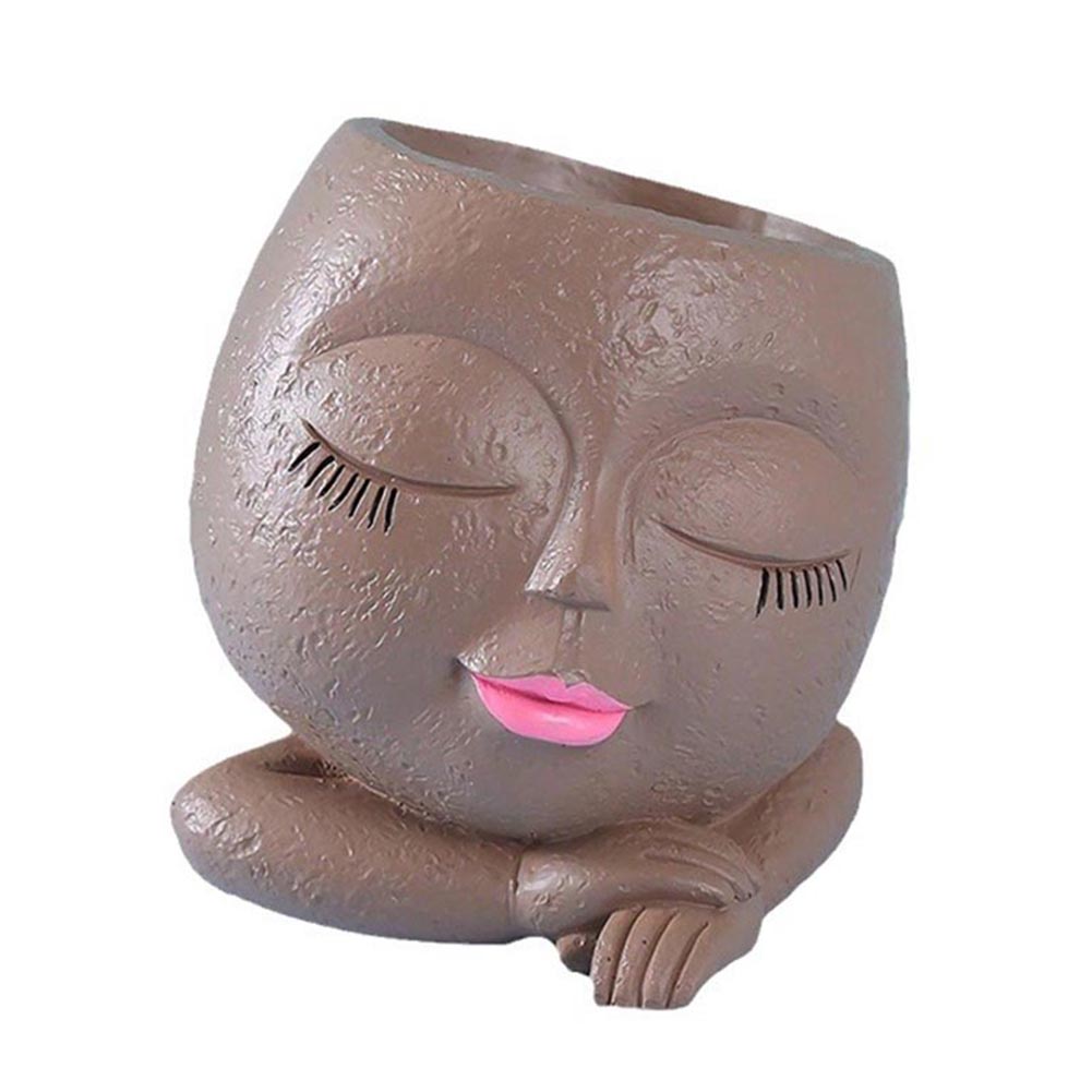 Whimsical Girl Face Resin Flower Pot with Drain Hole