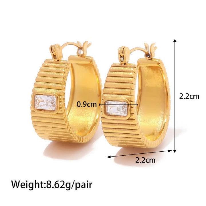 18K Gold Plated Stainless Steel Square White Zircon Ribbed Earrings