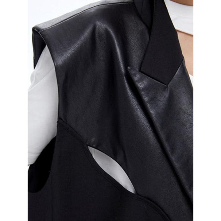 Chic Wide-Shoulder V-Neck PU Leather Patchwork Waistcoat