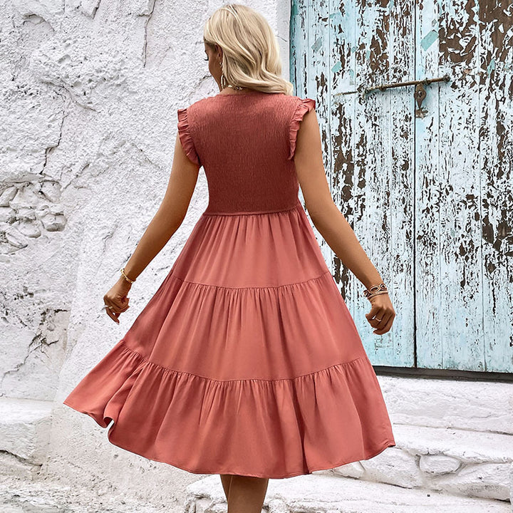 Women's Solid Color Sleeveless Stitching Smocking Dress