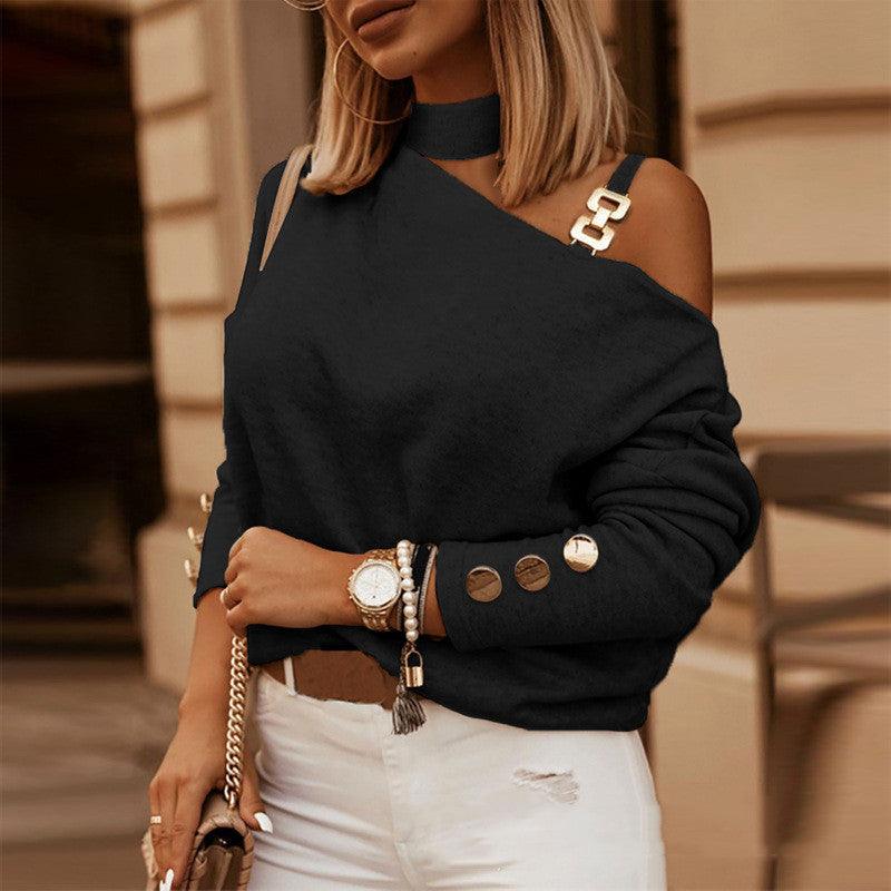 Diagonal Shoulder Chain Embellishment Long Sleeve Top - Trendha