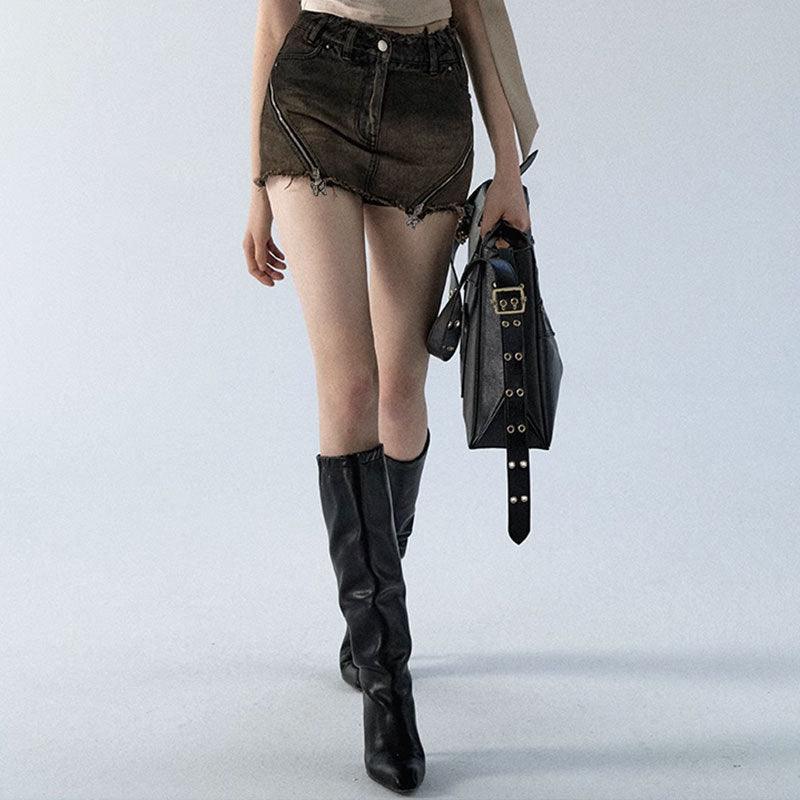 High-Waisted Washed Denim Skort