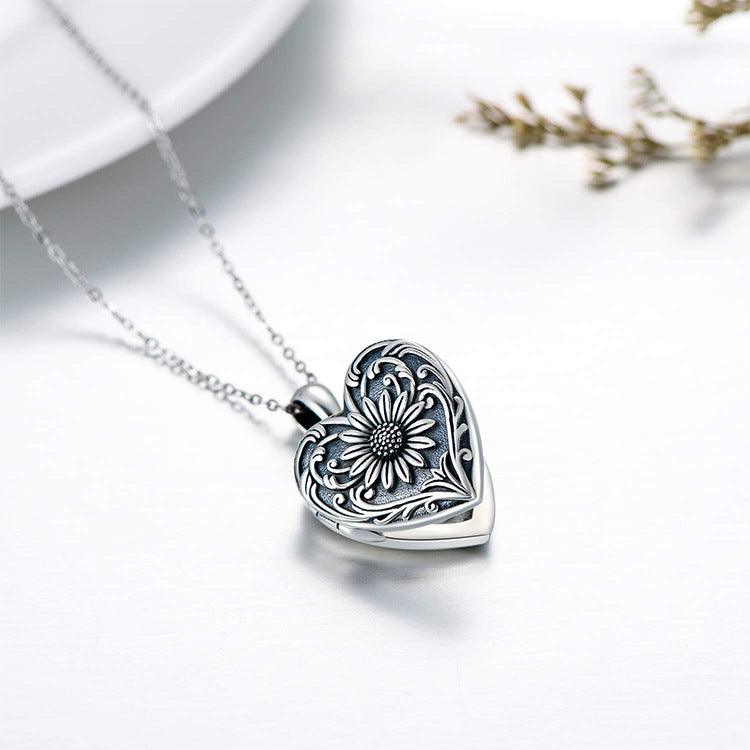Double-sided Photo Couple Pendant Sunflower Carved Peach Heart Engraved Word Necklace - Trendha