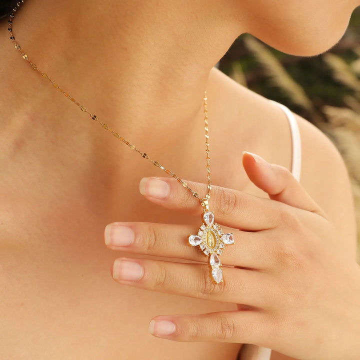 Luxury Rhinestone Virgin Mary Cross Pendant Necklace