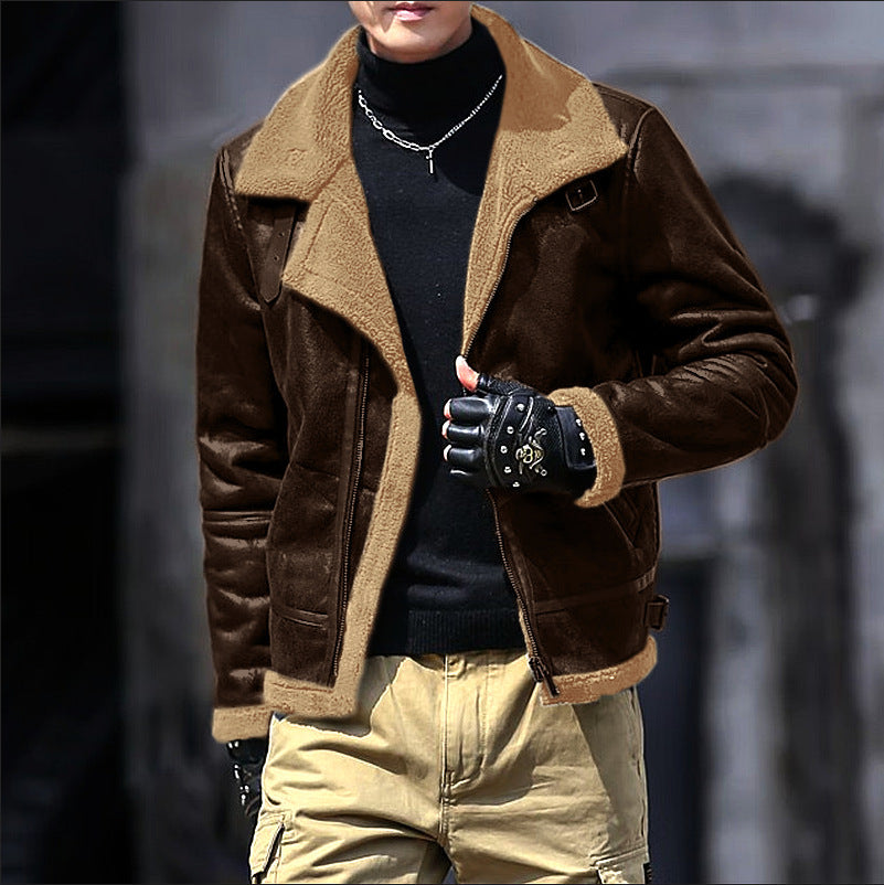 Fur One Lamb Wool Men's Coat Thickened Fleece-lined Suede Fabric Jacket