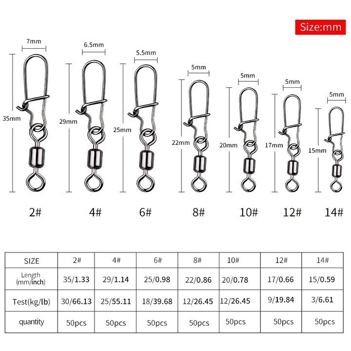 Pike Fishing Stainless Steel Swivel Connectors - 50PCS Non-Barb Pin Bearing Rolling Swivel Tackle