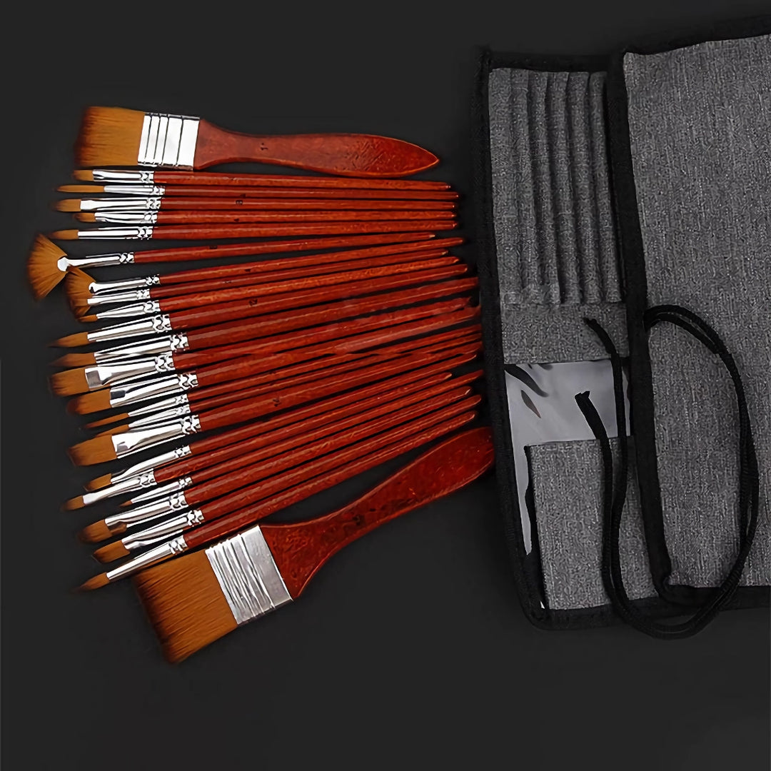 24-Piece Professional Paint Brush Set with Wooden Handles and Canvas Bag