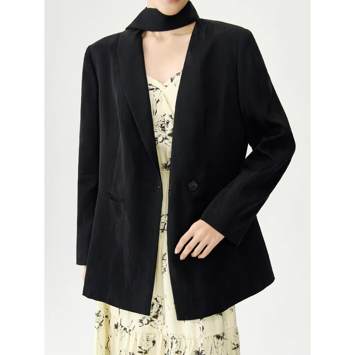 Elegant Black Blazer Coat with Neckline Ribbon Design for Office Ladies