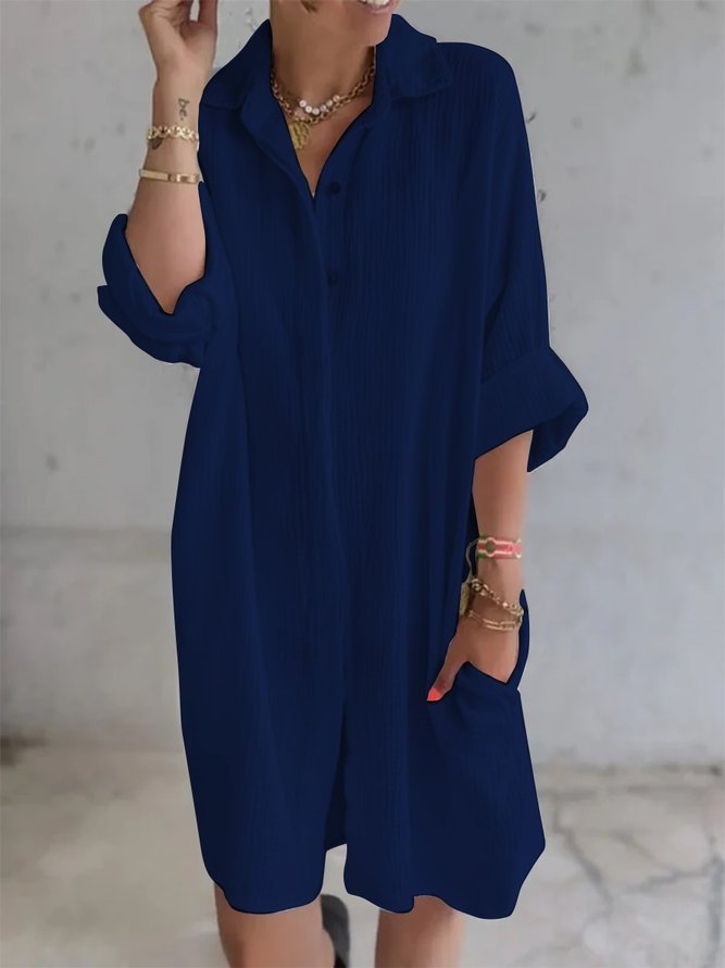 Long Shirt Women's Cotton And Linen Loose Solid Color Pocket Shirt Dress