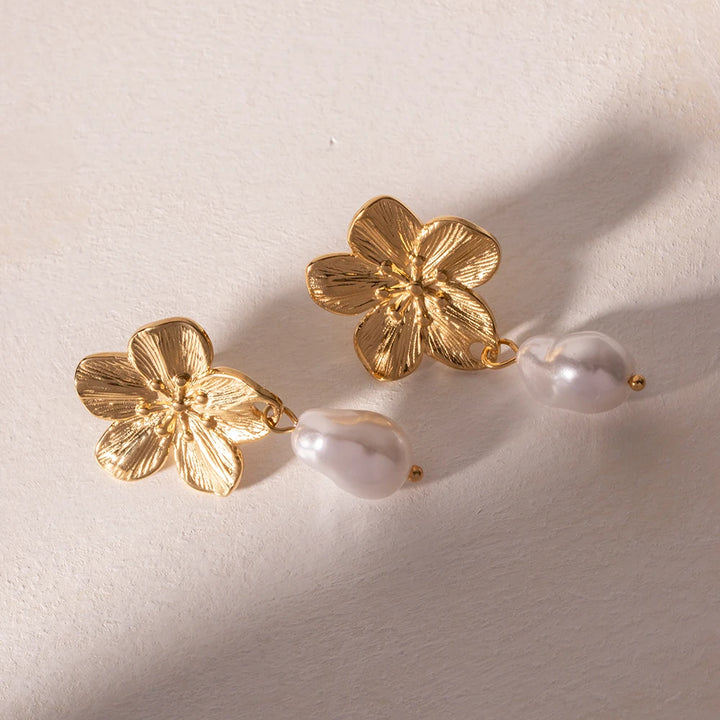 Luxury 18K Gold-Plated Stainless Steel Floral Pearl Drop Earrings