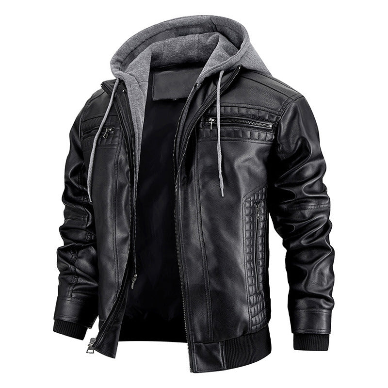 Hooded PU Jacket Warm Men