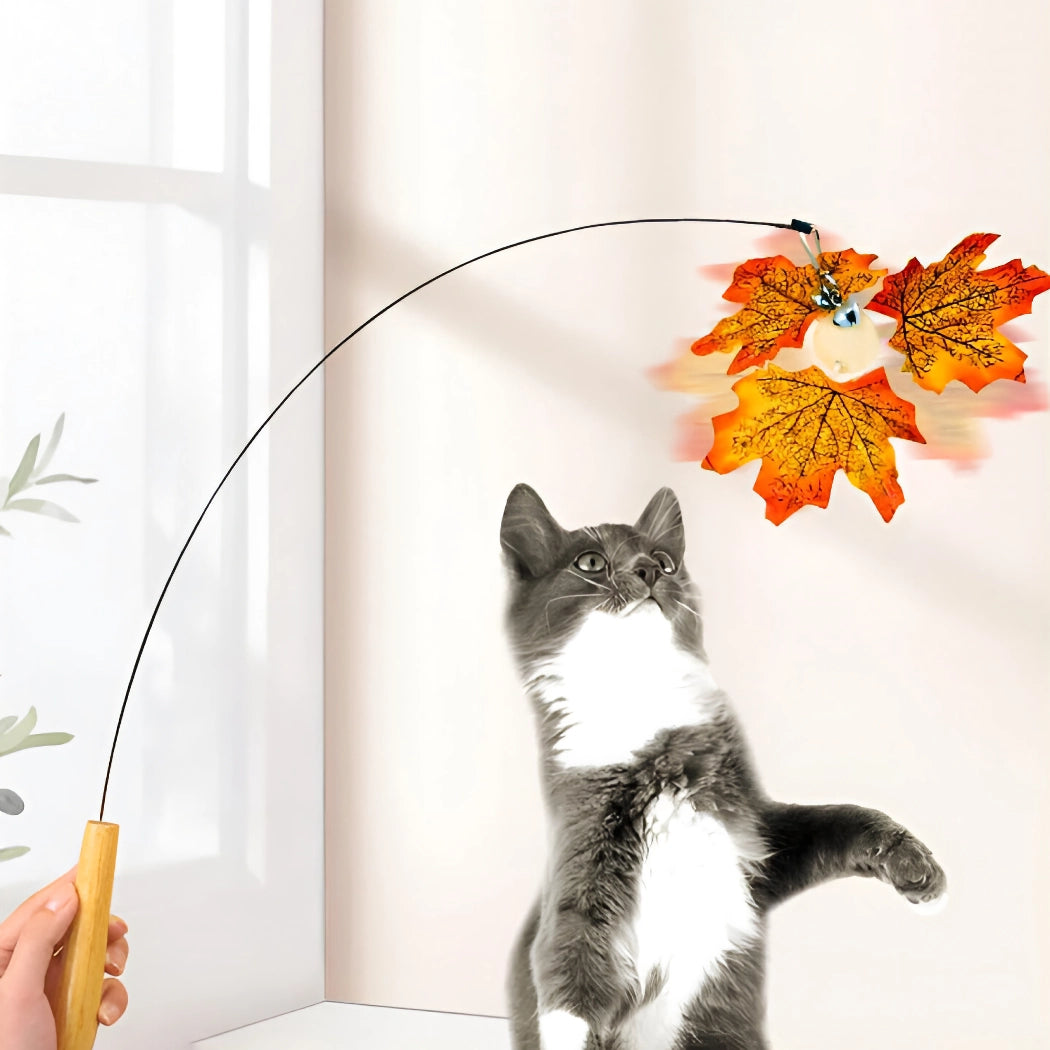 Interactive Rotating Leaf Cat Teaser Toy - Wooden Handle & Steel Wire for Cat Training