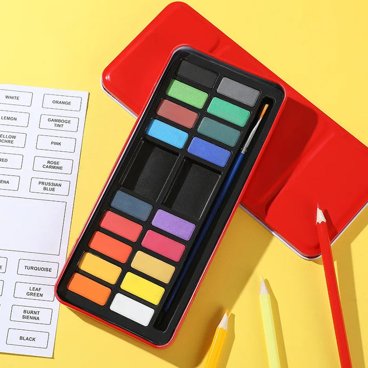 12/18/24 Colors Solid Watercolor Paint Set with Red Iron Box – Premium Gouache Watercolor for Kids &amp; Beginners