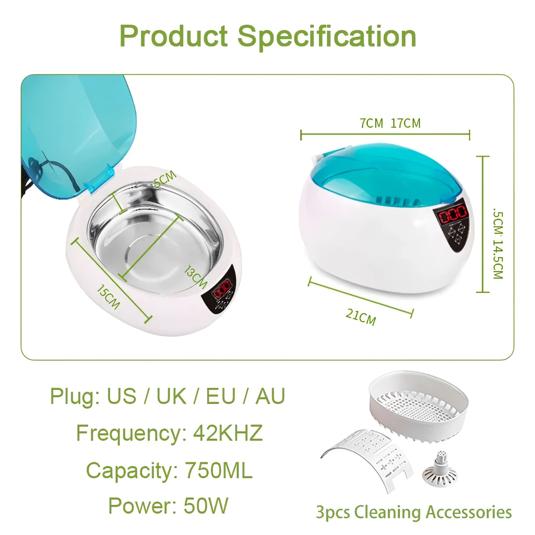 750ML Ultrasonic Jewelry Cleaner with 5 Timers for Glasses, Watches, and More