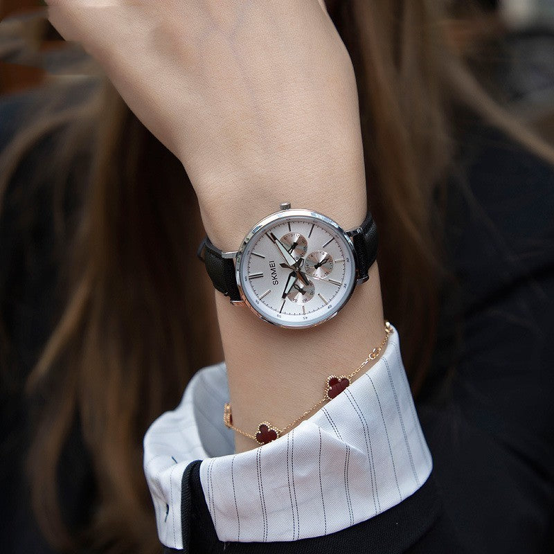 Fashion Six-pin Genuine Leather Women's Retro Round Quartz Watch