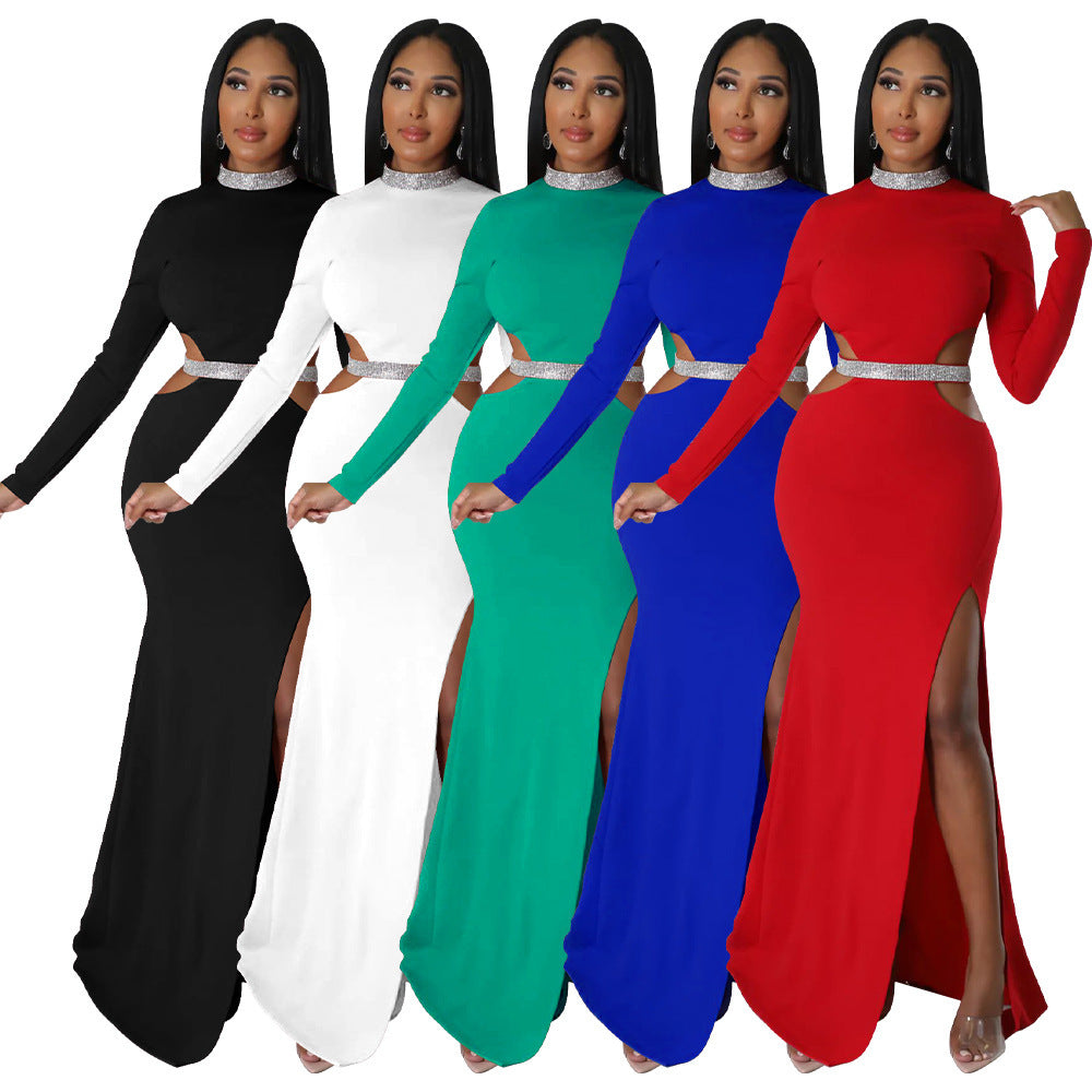 Fashion Women's Wear Sexy Waist Hollow-out Split Dress Solid Color