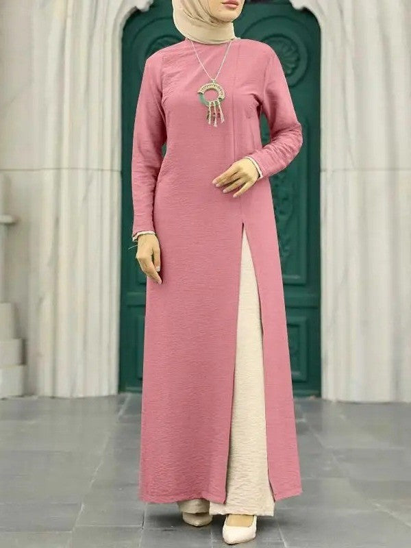 Muslim Women's Wear Ice Silk Wrinkle Long Sleeve High Slit Hem Dress