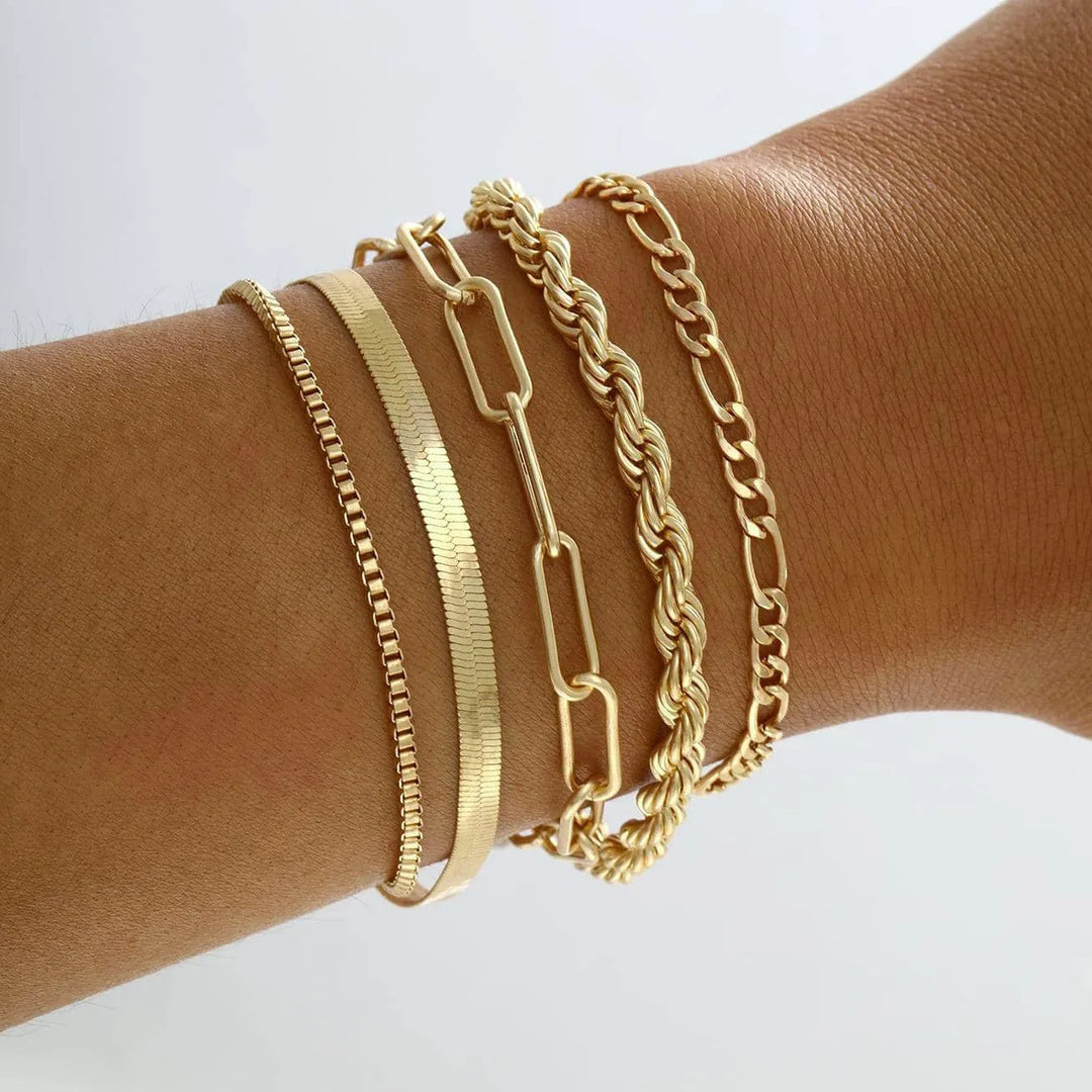 6-Piece Gold Bracelet Set – Boho Chic Cuban Chain Design for Women