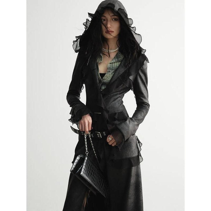Elegant Long Sleeve Hooded Suede & PU Leather Overcoat for Women