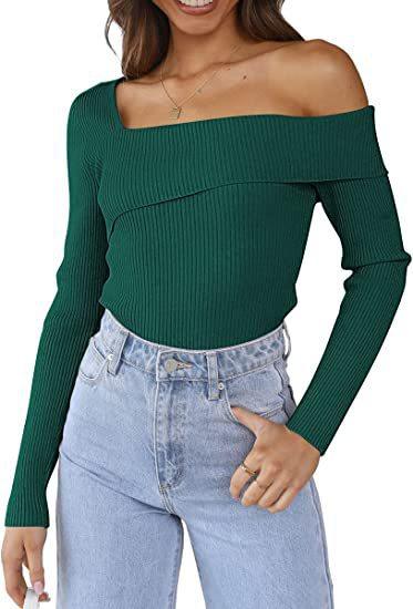 European And American Autumn Leisure Long-sleeved Slim Off-shoulder Knitted Sweater Pullover Top - Trendha