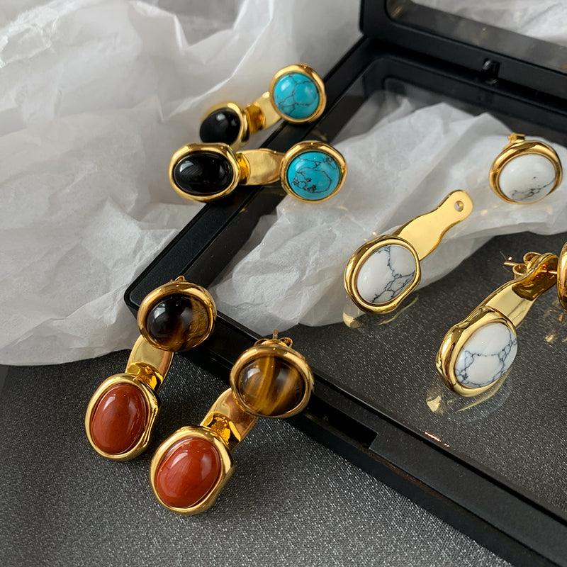 European And American Colored Natural Tiger Eye Stone Retro Earrings Female - Trendha