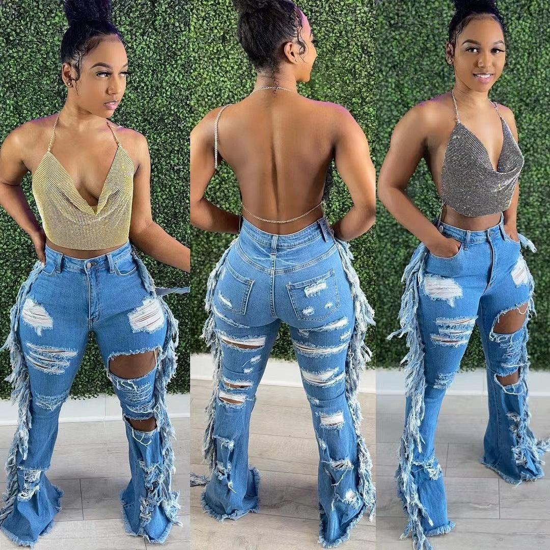 European And American Distressed Washed Tassel Jeans - Trendha