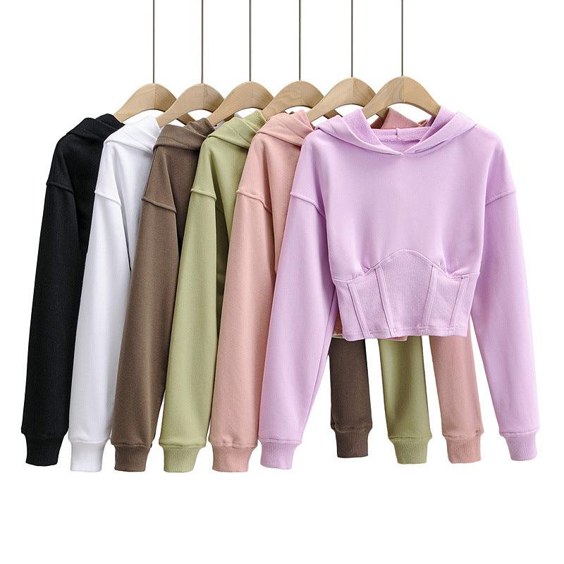 European And American Slim Fitting Navel Solid Hooded Sweater - Trendha