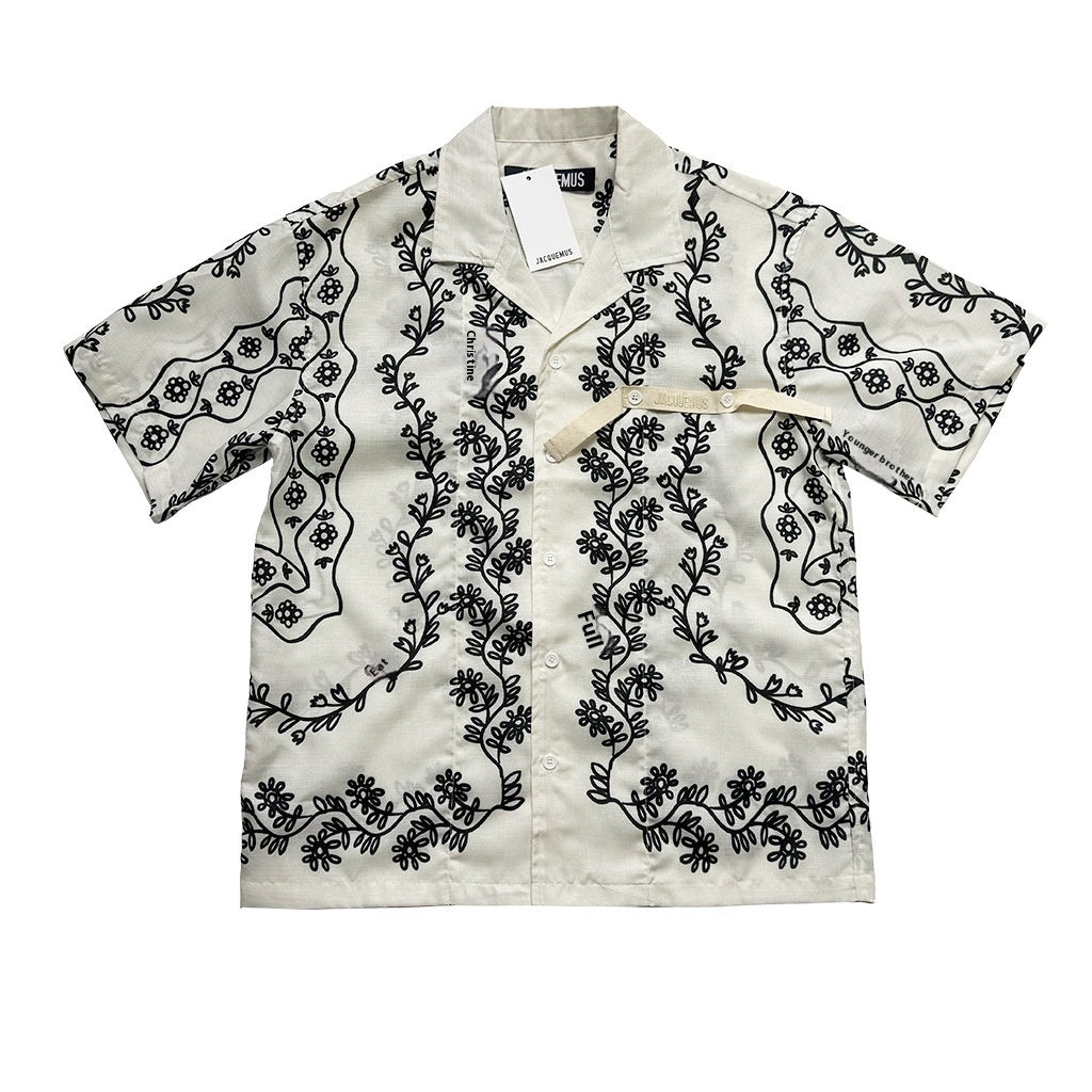 Vine Plant Printed Single-breasted Lapel Short Sleeve Shirt