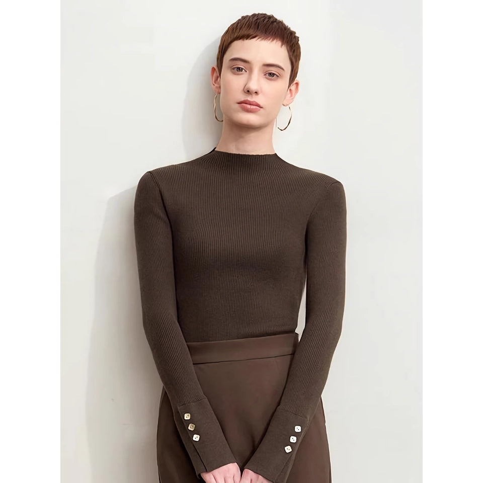 Minimalist Mock Neck Sweater with Slit Cuffs and Metal Buckle