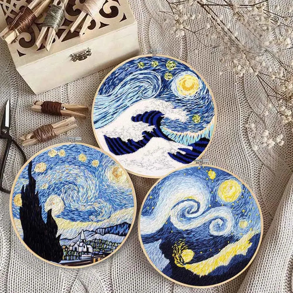 Embroidery Starter Kit with Van Gogh Starry Night Pattern