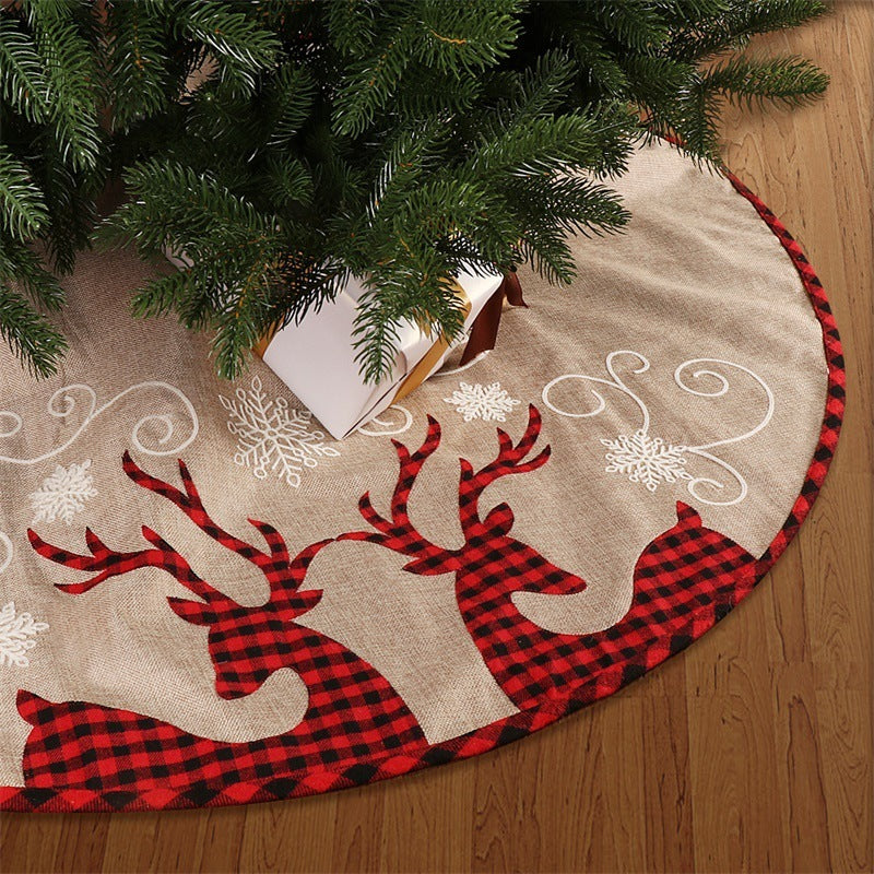 Linen Christmas Tree Skirt with Plaid Deer