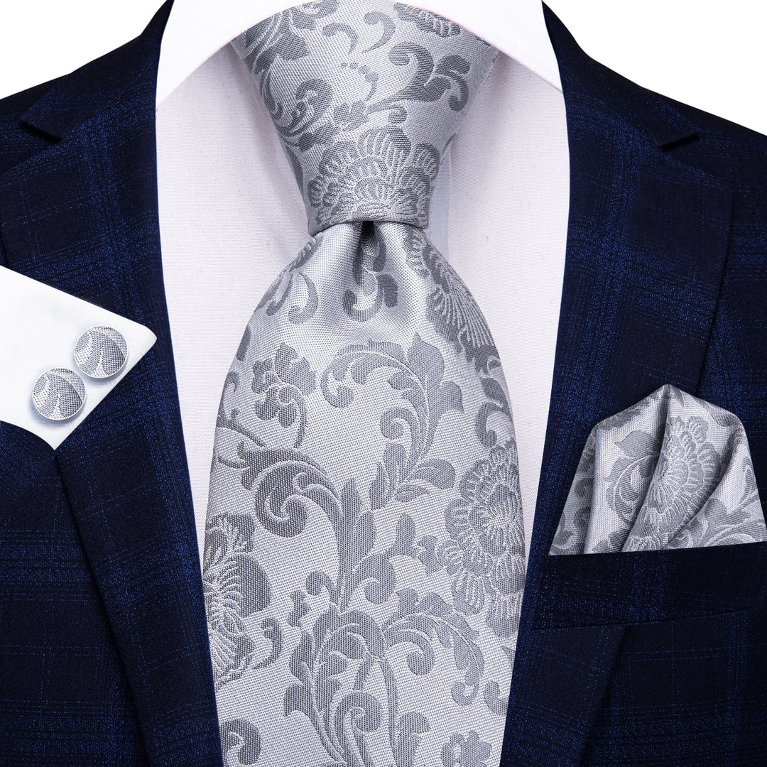 Elegant Silver Grey Floral Men's Necktie Set