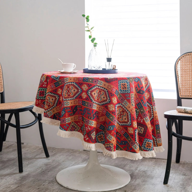 Round Jacquard Red Tablecloth