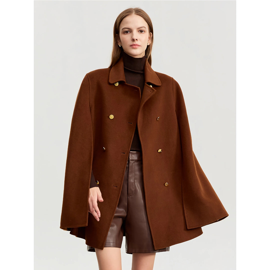 Women's Vintage Wool Cashmere Cape Coat with Leather Belt