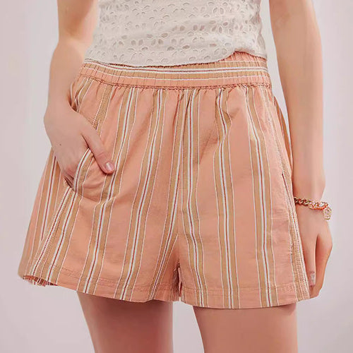 Y2K Stripe Print Shorts Summer Fashion Elastic Beach Pants With Pockets Womens Clothing