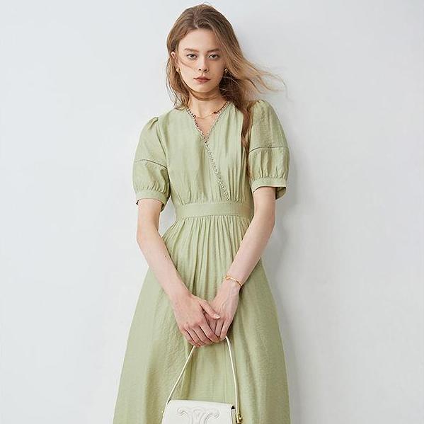 Lace-Trim V-Neck Puff-Sleeve Dress