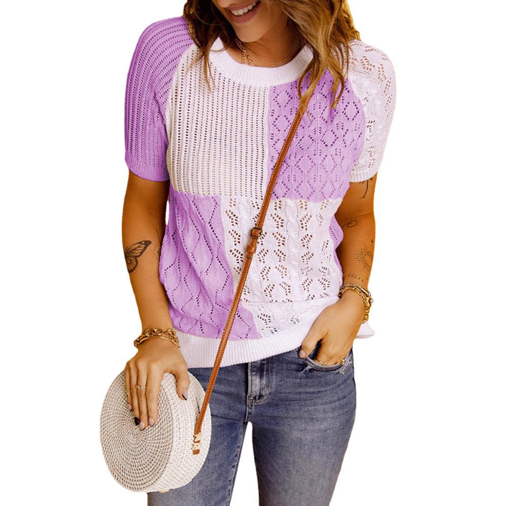 Fashion European American Summer New Color Block Knitted Short Sleeve T-shirt Top Knitwear - Trendha